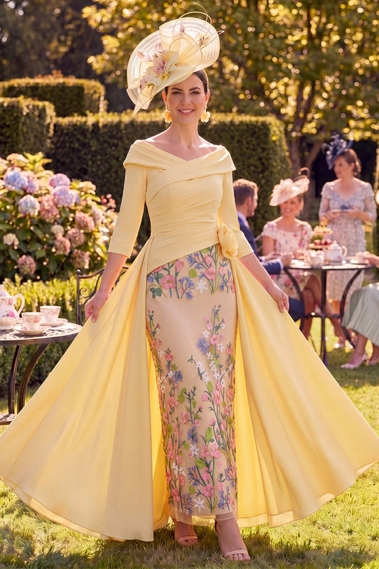 Sheath Long Butter Yellow Floral Ruched Mother of the Bride Dress with Cape