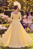 Sheath Long Butter Yellow Floral Ruched Mother of the Bride Dress with Cape