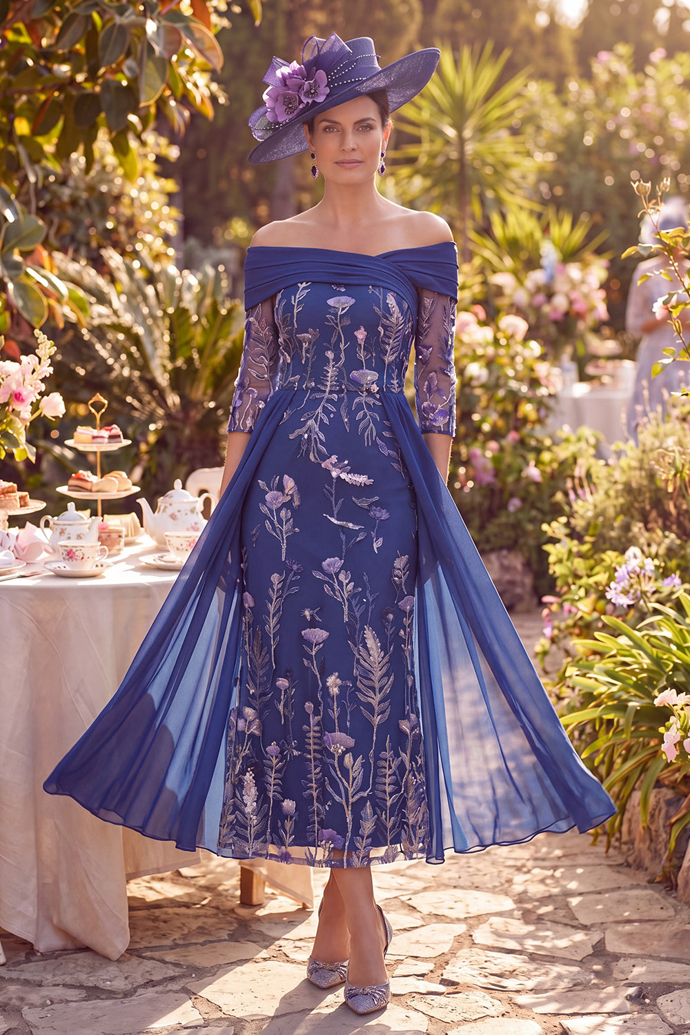 Navy Sheath Long Floral 3/4 Sleeves Mother of the Bride Dress with Cape