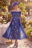Navy Sheath Long Floral 3/4 Sleeves Mother of the Bride Dress with Cape