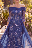 Navy Sheath Long Floral 3/4 Sleeves Mother of the Bride Dress with Cape