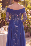 Navy Sheath Long Floral 3/4 Sleeves Mother of the Bride Dress with Cape