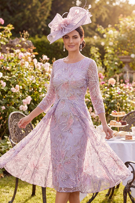 Sparkly Lilac Midi Bodycon Beaded Floral Mother of the Bride Dress with Cape