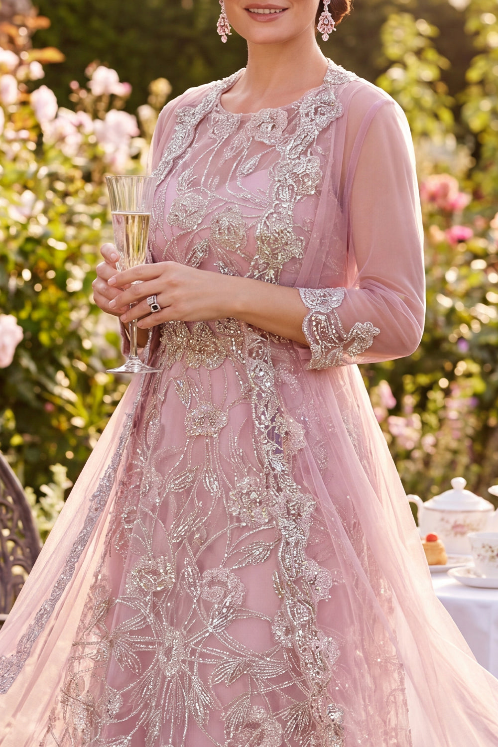 Sparkly Blush Midi A Line Round Neck Beaded Floral Mother of the Bride Dress