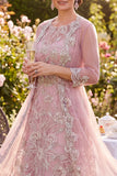 Sparkly Blush Midi A Line Round Neck Beaded Floral Mother of the Bride Dress