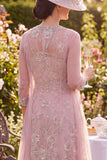 Sparkly Blush Midi A Line Round Neck Beaded Floral Mother of the Bride Dress