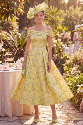 A Line Maxi Butter Yellow Floral Off the Shoulder Mother of the Bride Dress