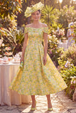 A Line Maxi Butter Yellow Floral Off the Shoulder Mother of the Bride Dress