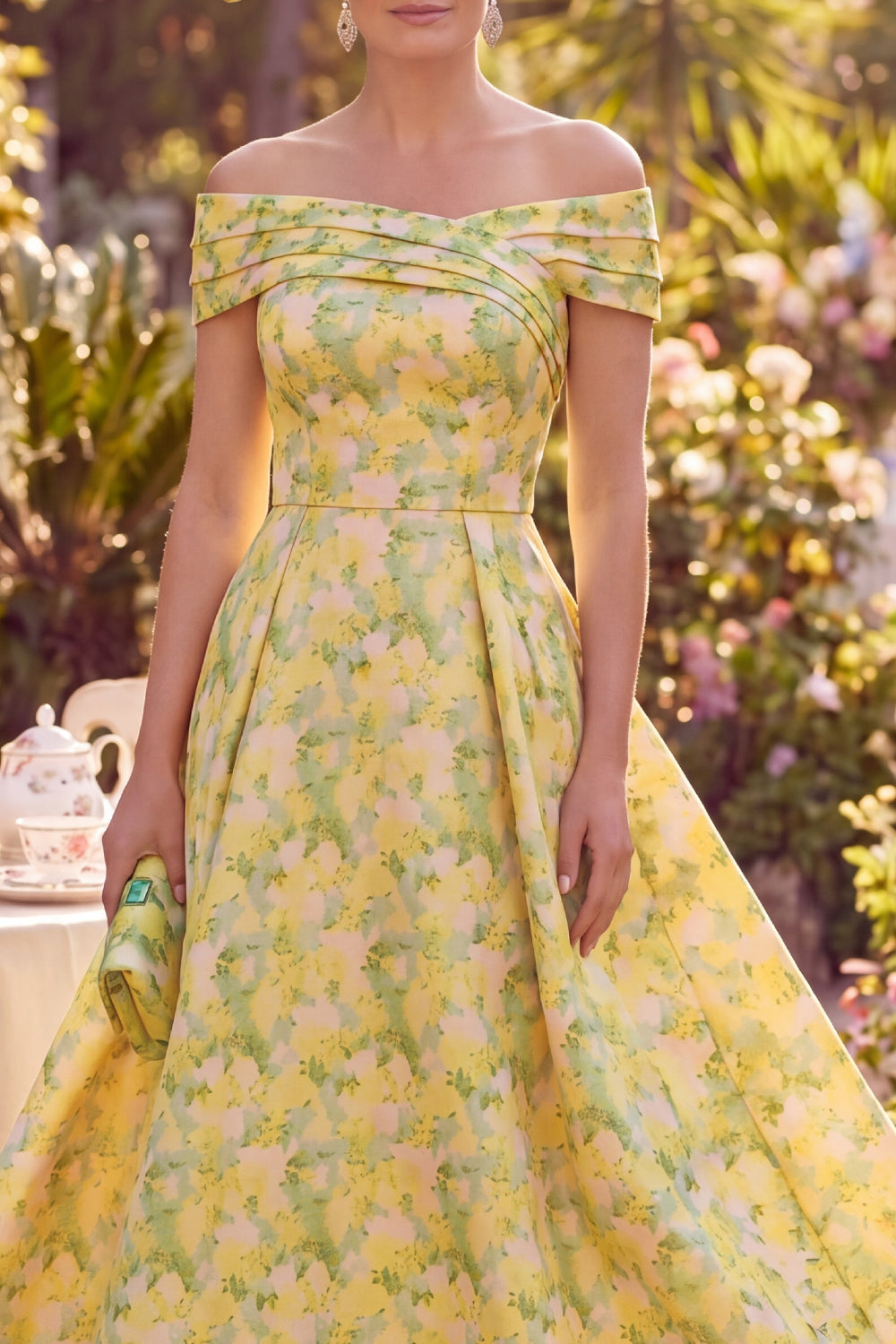A Line Maxi Butter Yellow Floral Off the Shoulder Mother of the Bride Dress