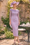 Sparkly Grey Purple Sheath Beaded Ruched 3/4 Sleeves Mother of the Bride Dress