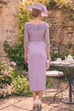 Sparkly Grey Purple Sheath Beaded Ruched 3/4 Sleeves Mother of the Bride Dress