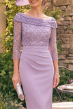 Sparkly Grey Purple Sheath Beaded Ruched 3/4 Sleeves Mother of the Bride Dress