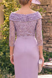 Sparkly Grey Purple Sheath Beaded Ruched 3/4 Sleeves Mother of the Bride Dress