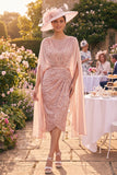 Sparkly Blush Midi Bodycon Boat Neck Beaded Mother of the Bride Dress with Cape