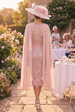 Sparkly Blush Midi Bodycon Boat Neck Beaded Mother of the Bride Dress with Cape