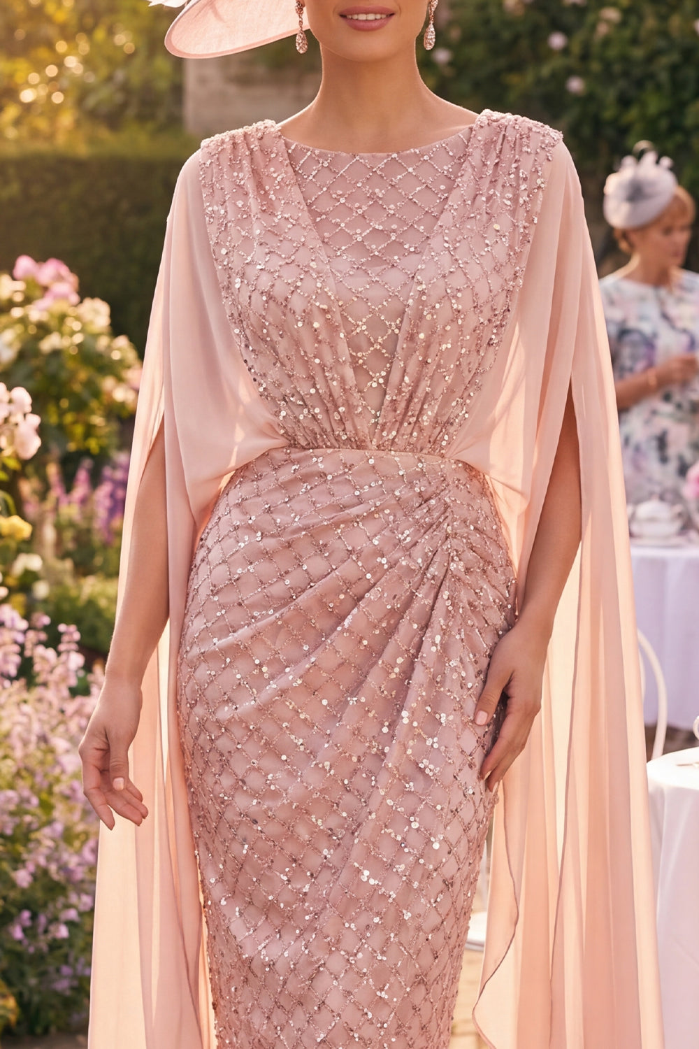 Sparkly Blush Midi Bodycon Boat Neck Beaded Mother of the Bride Dress with Cape