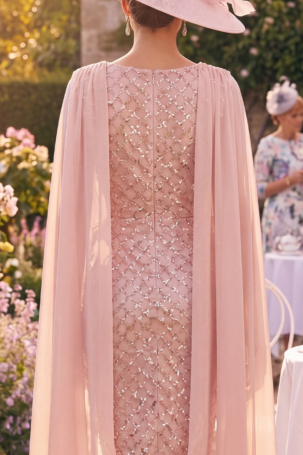 Sparkly Blush Midi Bodycon Boat Neck Beaded Mother of the Bride Dress with Cape