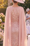 Sparkly Blush Midi Bodycon Boat Neck Beaded Mother of the Bride Dress with Cape