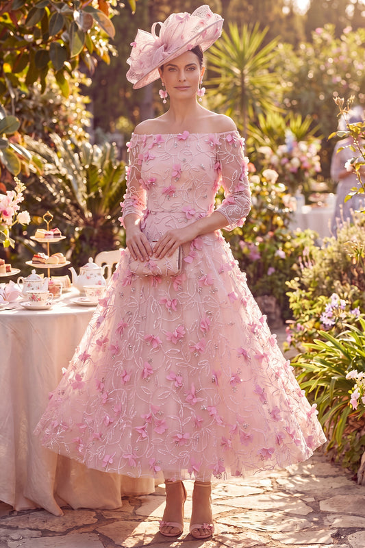 Pink Beaded Long A Line Off the Shoulder Floral Mother of the Bride Dress