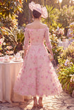 Pink Beaded Long A Line Off the Shoulder Floral Mother of the Bride Dress