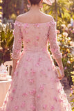 Pink Beaded Long A Line Off the Shoulder Floral Mother of the Bride Dress