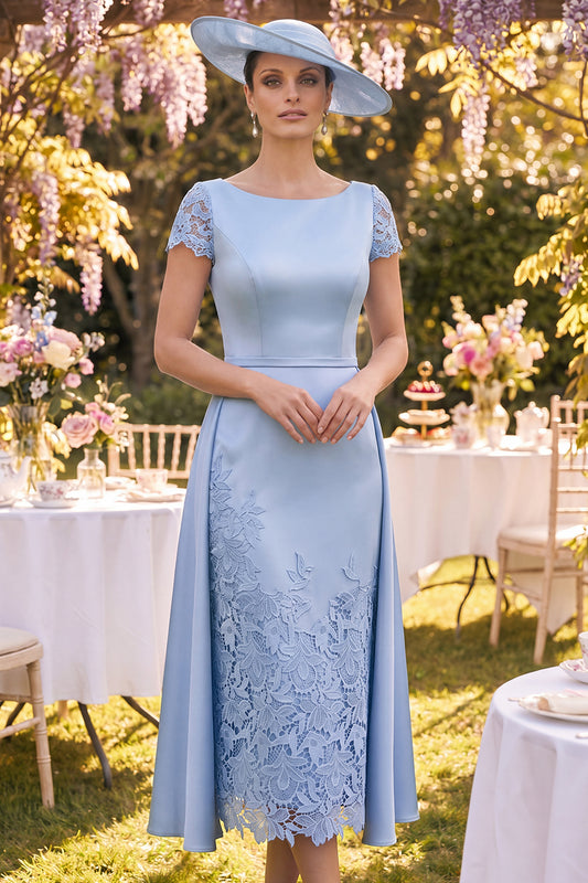 Zapakasa Women Blue Floral Long Mother of the Bride Dress with Cape Boat  Neck Sheath Short Sleeves Garden Party Dress