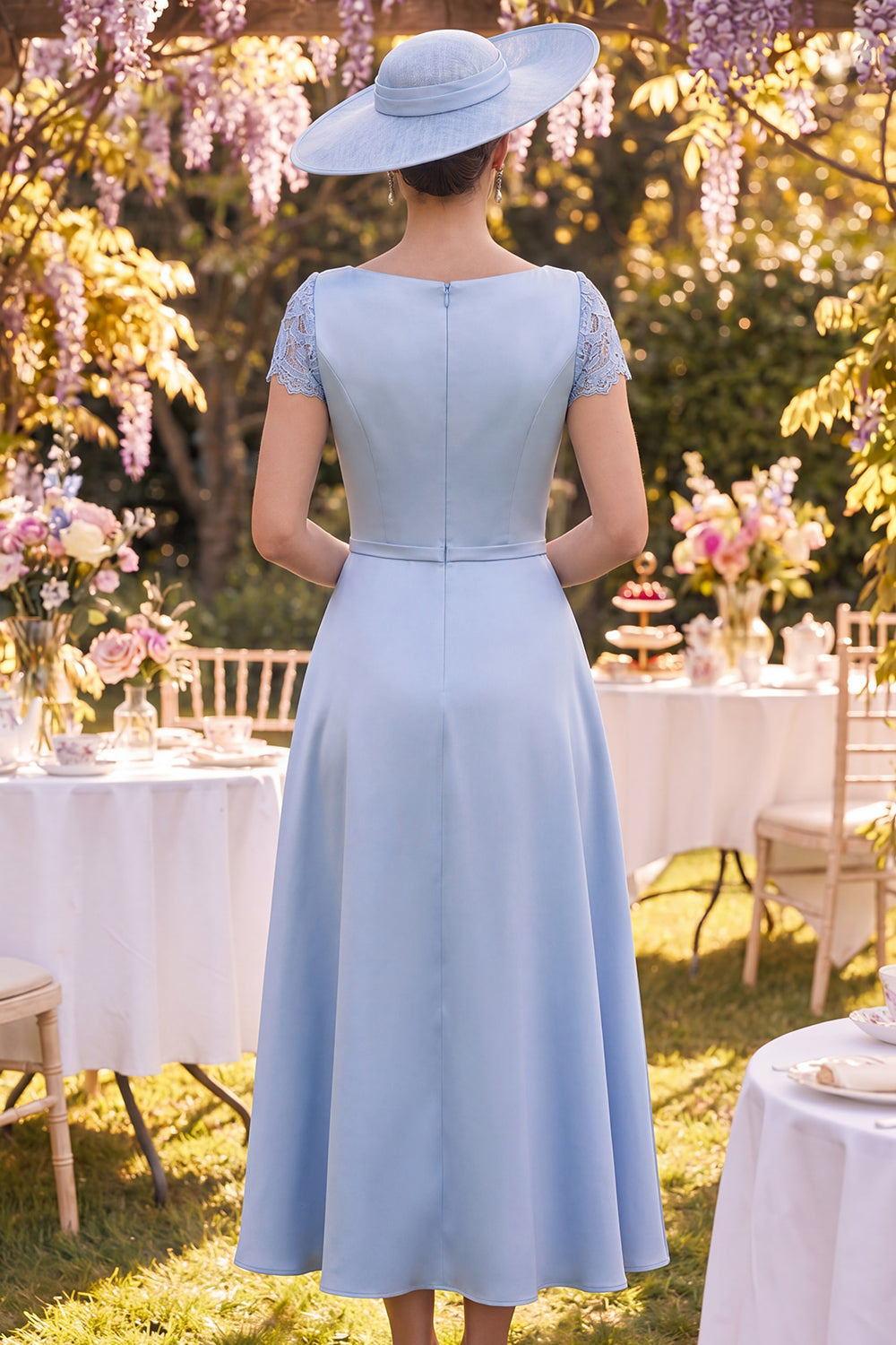 Zapakasa Women Blue Floral Long Mother of the Bride Dress with Cape Boat  Neck Sheath Short Sleeves Garden Party Dress