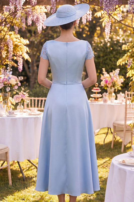 Blue Sheath Long Floral Short Sleeves Mother of the Bride Dress with Cape