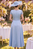 Blue Sheath Long Floral Short Sleeves Mother of the Bride Dress with Cape