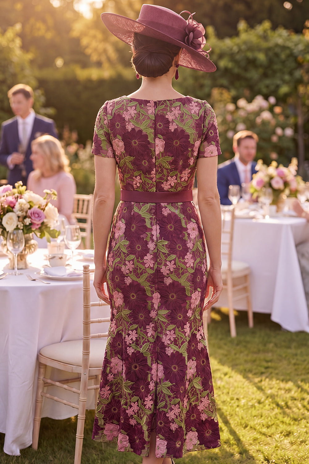 Zapakasa Women Burgundy Floral Long Mother of the Bride Dress with Belt Square Neck Short Sleeves Mermaid Garden Party Dress Zapakasa Women Burgundy Floral Long Mother of the Bride Dress with Belt Square Neck Short Sleeves Mermaid Garden Party Dress