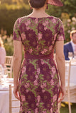 Mermaid Maxi Burgundy Floral Square Neck Mother of the Bride Dress with Belt
