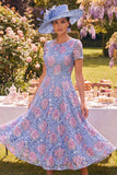 Sparkly Blue Maxi A Line Boat Neck Beaded Floral Mother of the Bride Dress