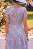 Sparkly Blue Maxi A Line Boat Neck Beaded Floral Mother of the Bride Dress