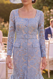 Grey Blue Mermaid Maxi Floral Square Neck Mother of the Bride Dress with Belt