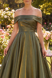 Glitter Olive Ruched A Line Long Off the Shoulder Mother of the Bride Dress