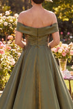 Glitter Olive Ruched A Line Long Off the Shoulder Mother of the Bride Dress