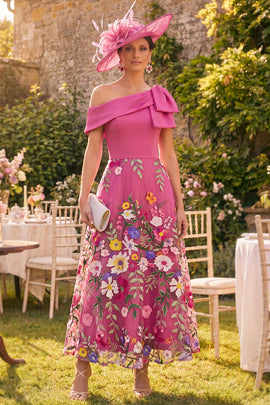 Fuchsia A Line Maxi Floral One Shoulder Mother of the Bride Dress with Bow