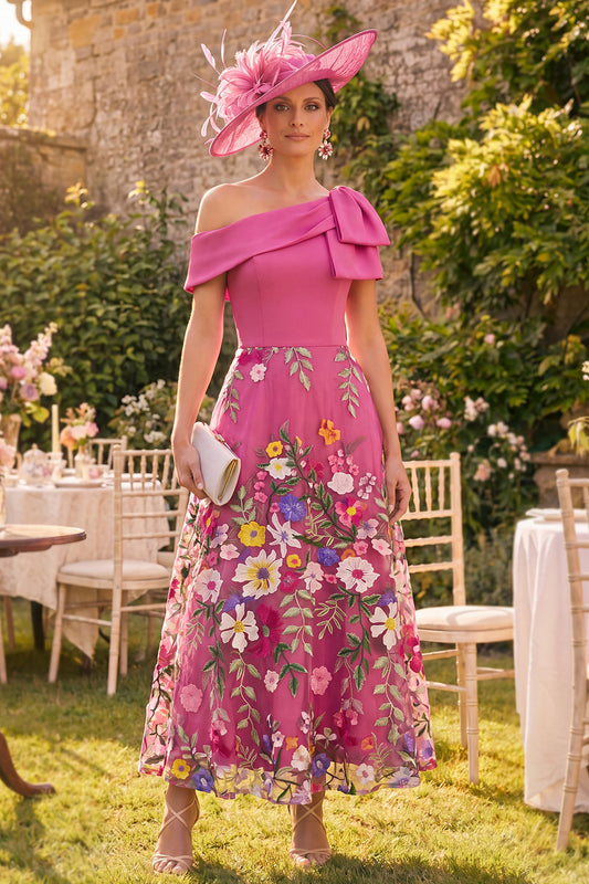 Fuchsia A Line Maxi Floral One Shoulder Mother of the Bride Dress with Bow