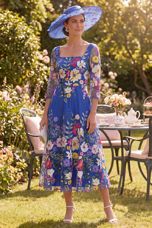 Royal Blue A Line Maxi Floral Square Neck Mother of the Bride Dress