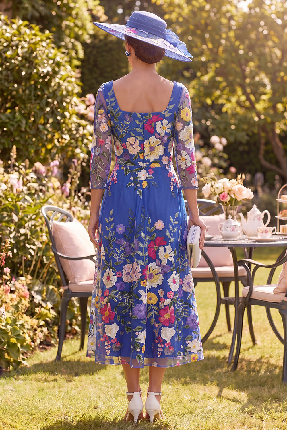 Royal Blue A Line Maxi Floral Square Neck Mother of the Bride Dress