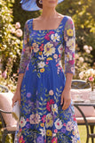 Royal Blue A Line Maxi Floral Square Neck Mother of the Bride Dress
