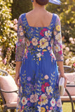 Royal Blue A Line Maxi Floral Square Neck Mother of the Bride Dress