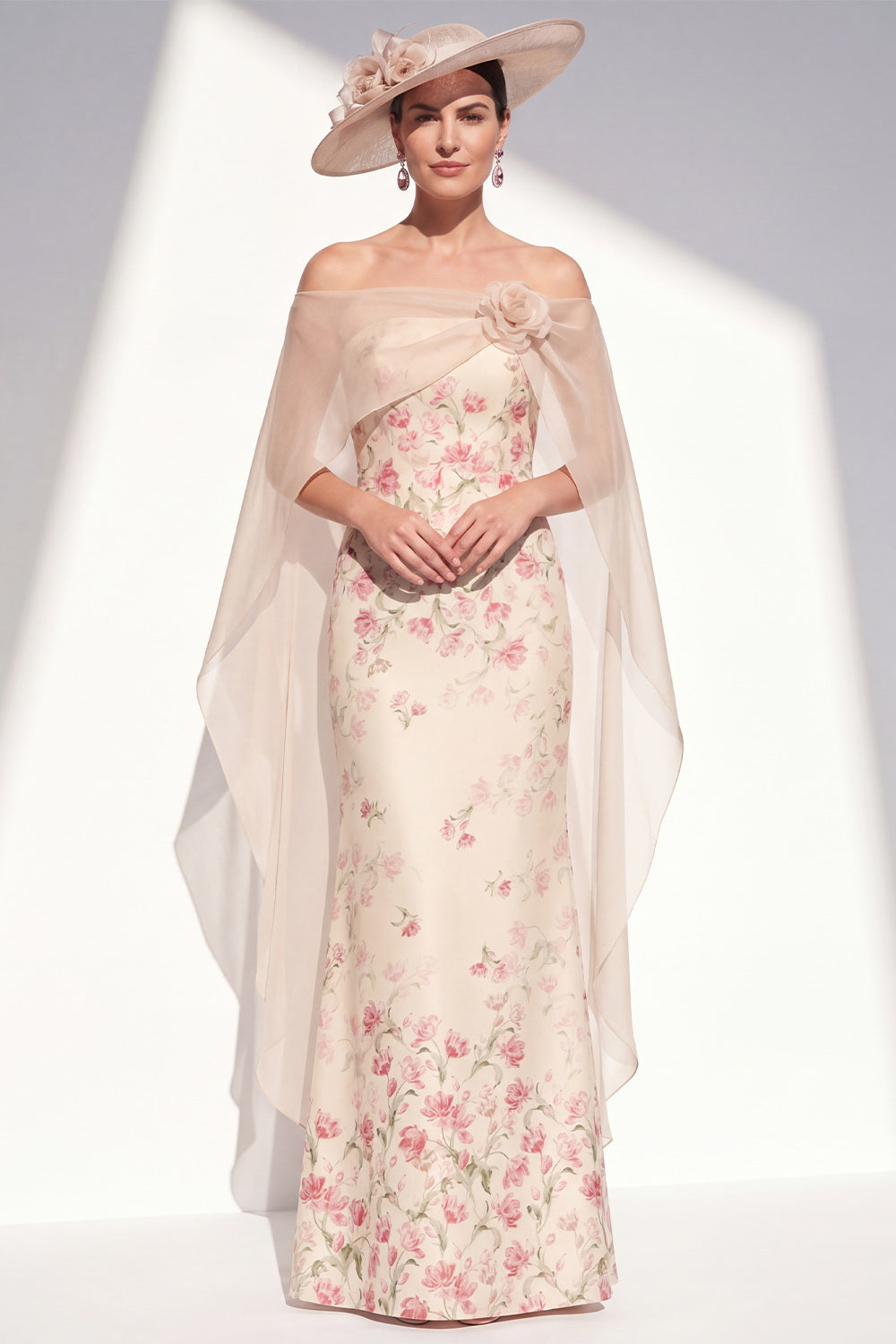 Apricot Mermaid Long Floral Strapless Mother of the Bride Dress with Cape