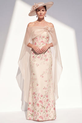 Apricot Mermaid Long Floral Strapless Mother of the Bride Dress with Cape