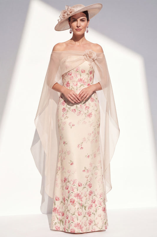 Apricot Mermaid Long Floral Strapless Mother of the Bride Dress with Cape