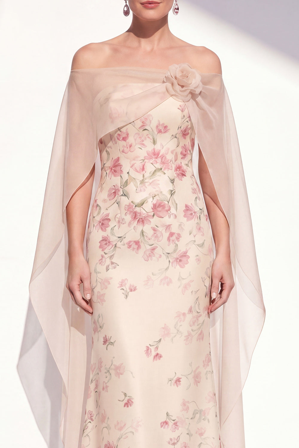 Apricot Mermaid Long Floral Strapless Mother of the Bride Dress with Cape