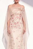 Apricot Mermaid Long Floral Strapless Mother of the Bride Dress with Cape