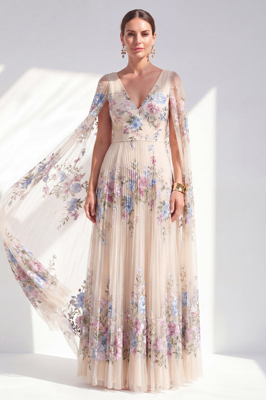 Champagne A Line Long Floral Pleated V-Neck Mother of the Bride Dress with Cape