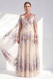 Champagne A Line Long Floral Pleated V-Neck Mother of the Bride Dress with Cape