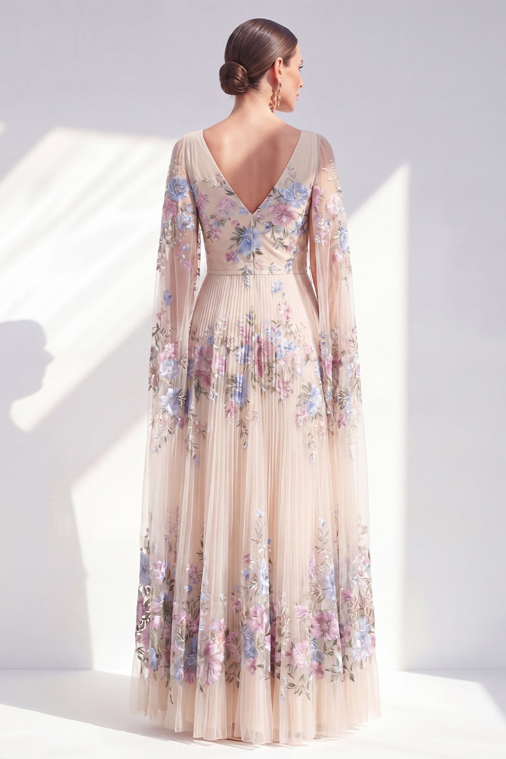 Champagne A Line Long Floral Pleated V-Neck Mother of the Bride Dress with Cape